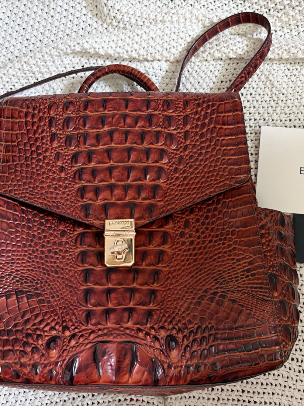 Brahmin Cognac Croc-Embossed Leather Backpack with Gold Hardware